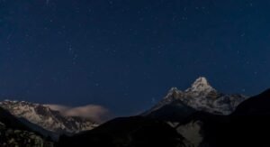 Himalayan mountain landscape under a starry night sky