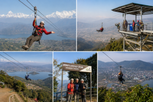 Traveler enjoying Zipline in Pokhara above Phewa Lake and Pokhara Valley