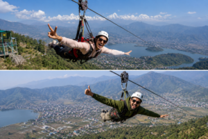 Traveler enjoying a zipline ride above Pokhara Valley in Nepal