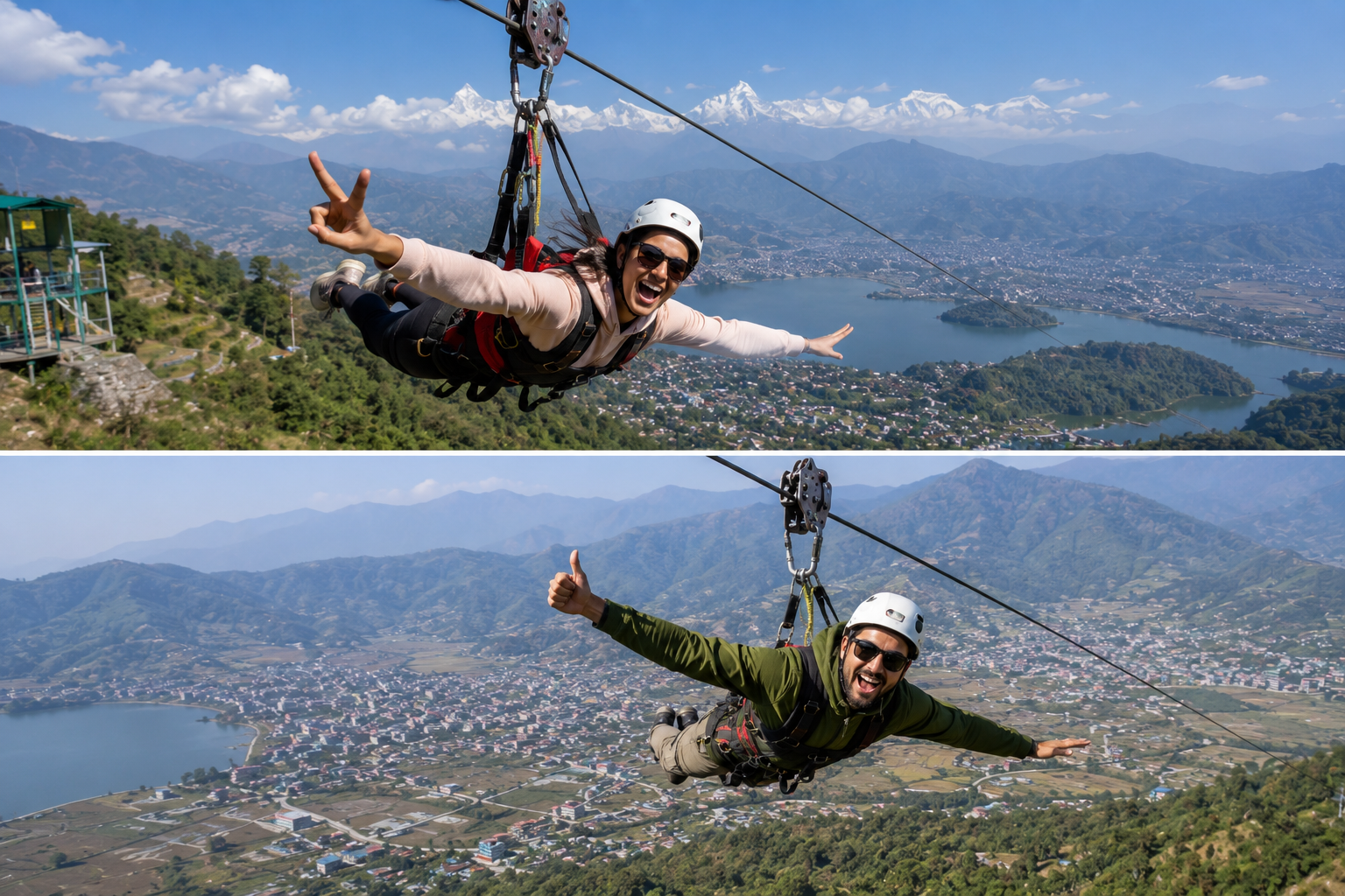 Traveler enjoying a zipline ride above Pokhara Valley in Nepal