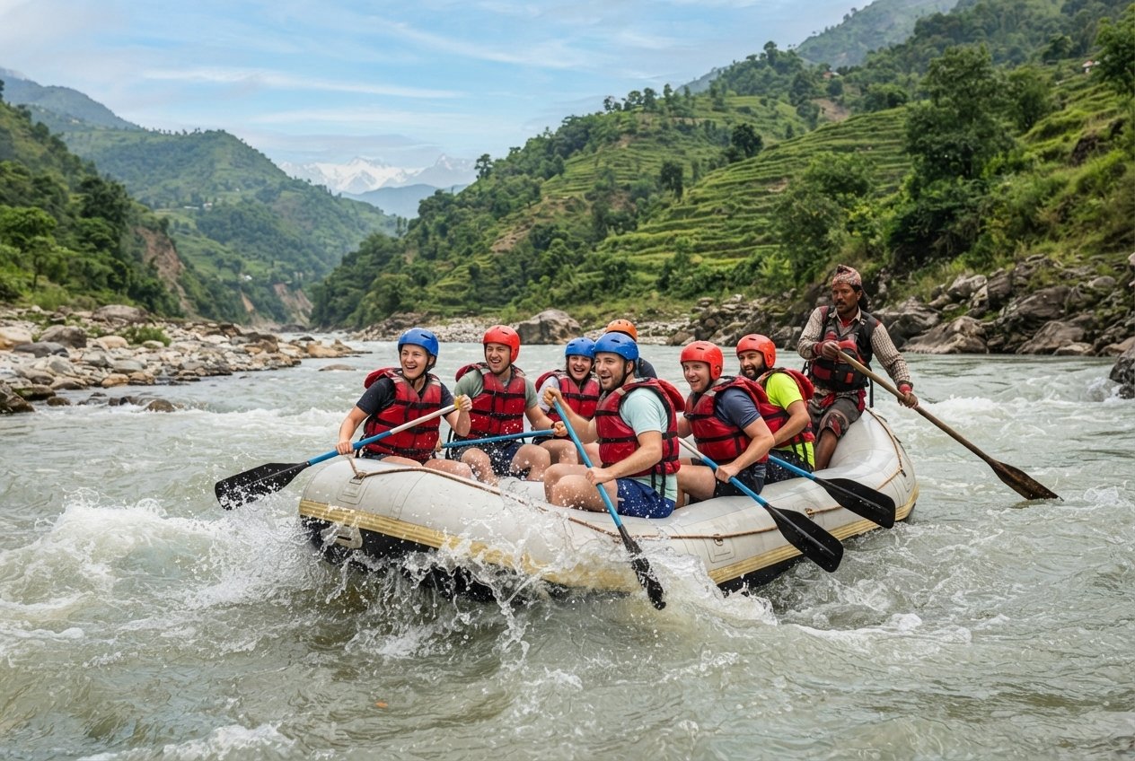 Seti River Rafting in Pokhara-Wide-angle landscape photograph of a river flowing through a green valley with terraced hills and massive snowy mountain peaks in the background, featuring a small raft.