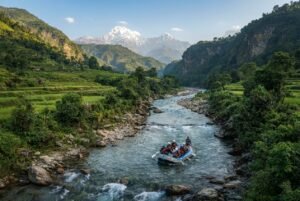 Seti River Rafting in Pokhara-Close-up action shot of a rafting team in helmets and life jackets paddling dynamically through whitewater rapids with green hills in the background.