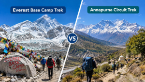 Everest Base Camp Trek vs Annapurna Circuit Trek comparison banner featuring Himalayan landscapes, trekkers, and Best Trek and Adventure contact details.