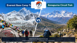 Everest Base Camp Trek vs Annapurna Circuit Trek comparison banner featuring Himalayan landscapes, trekkers, and Best Trek and Adventure contact details.